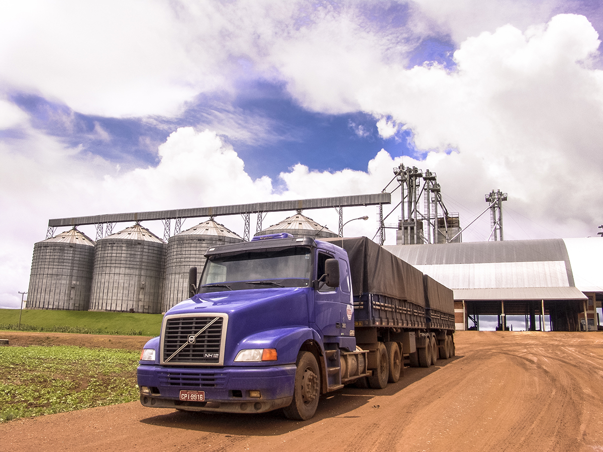 Truck loaded with soybeans waits in front of the grain storage center of a farm in Mato Grosso State